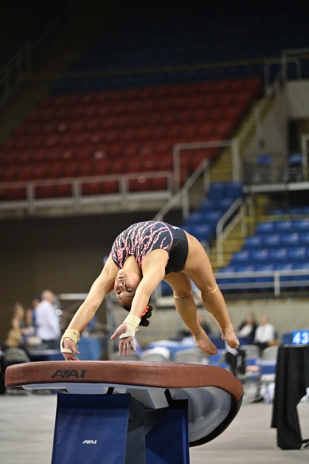 Gymnast supporting herself on the vault table